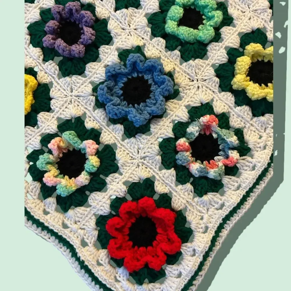 Boho Crochet Throw Blanket‎ Vintage Granny Square Afghan Cottagecore multicolor